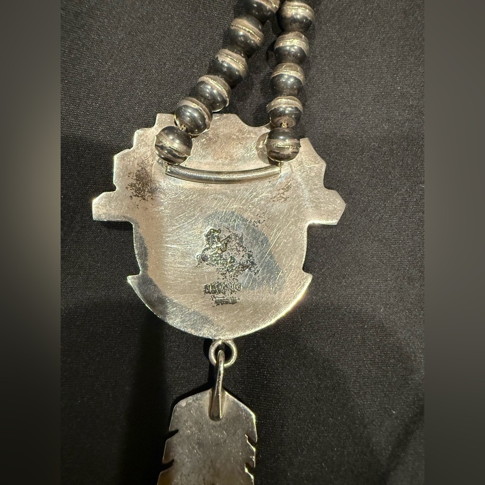 Vintage Sterling Silver Frank YellowHorse Pendant Beaded Chain Navajo Inlay - Picture 7 of 12